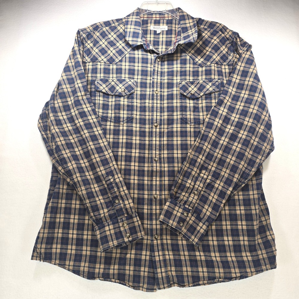 Blue Ranchwear Mens XXL Plaid Western Pearl Snap Shirt Navy Tan Long Sleeve